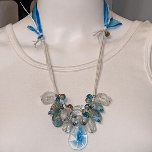 Handcrafted vintage glass beads w/ribbon & lace necklace